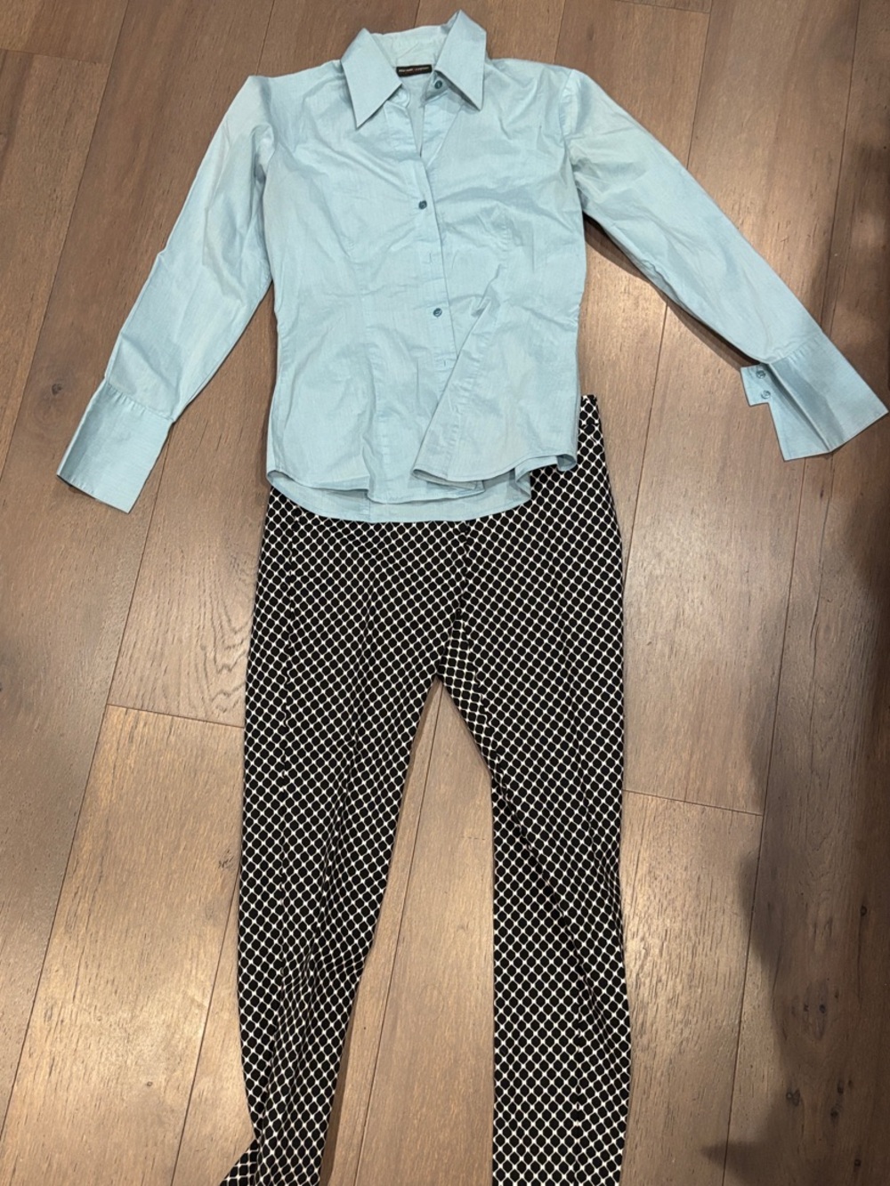 Light Blue Button-Down Shirt with Black & White Patterned Pants